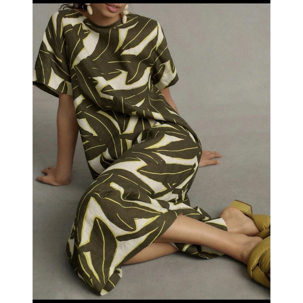 WHIT TWO Anthropologie Banana Leaf Dress Button Back Large LINEN